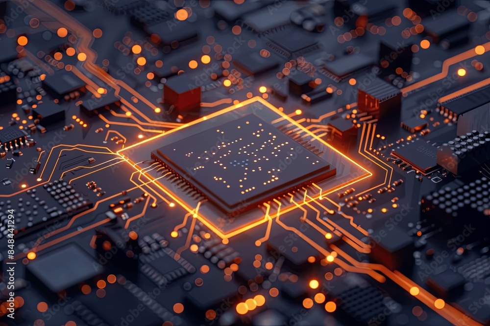 Aufkleber close-up of a modern microprocessor glowing orange on a motherboard, surrounded by intricate data st