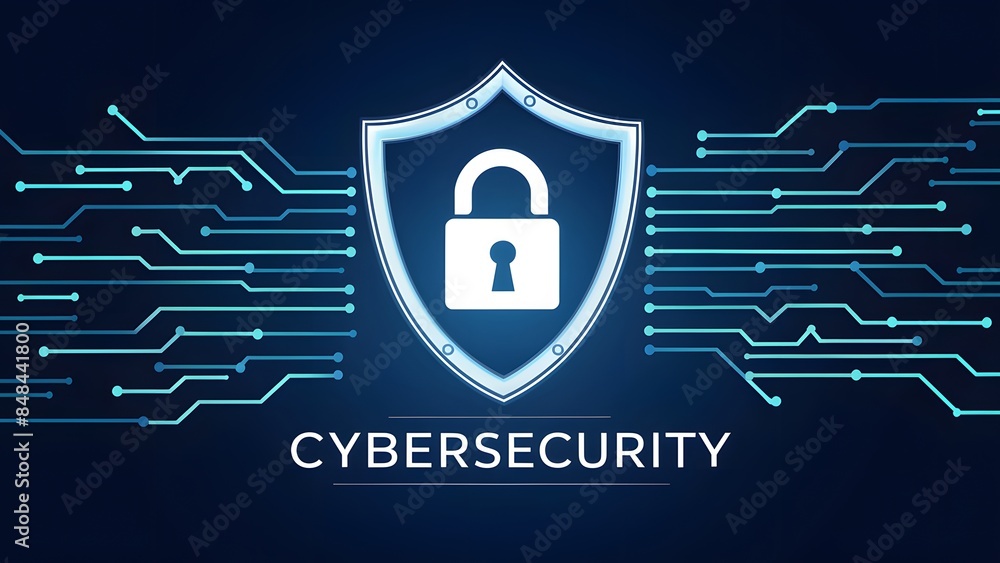 Poster surrounding the shield are blue lines, resembling circuits or data streams, emphasizing the digital 