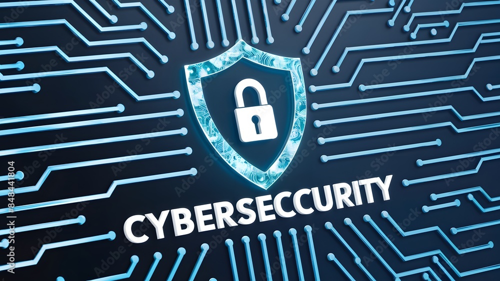 Poster surrounding the shield are blue lines, resembling circuits or data streams, emphasizing the digital 