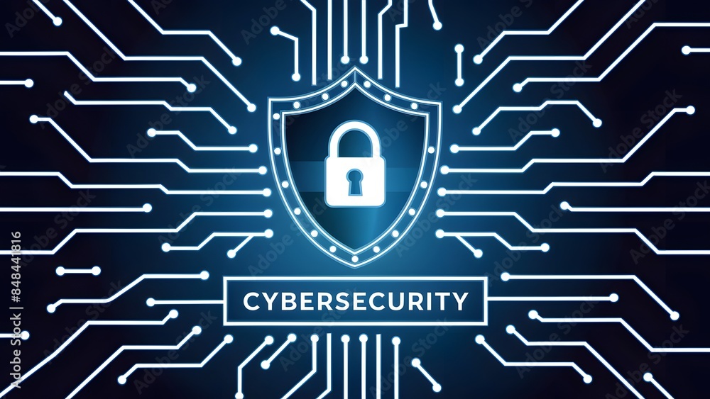 Poster surrounding the shield are blue lines, resembling circuits or data streams, emphasizing the digital 