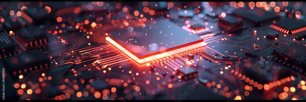 Aufkleber a close-up image of a modern microprocessor on a motherboard, illuminated by glowing red light effec