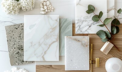 flat lay marble samples with blank notebook