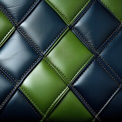 Fototapeta premium Realistic photo of dark blue color leather surface with diamond shaped seam in lime green color