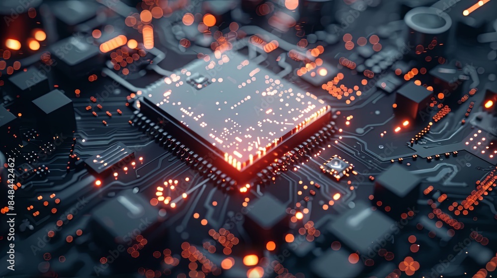 Aufkleber Closeup of a modern microprocessor or chip on a motherboard, surrounded by digital data streams and glowing light effects, symbolizing the processing power of AI. Generative AI