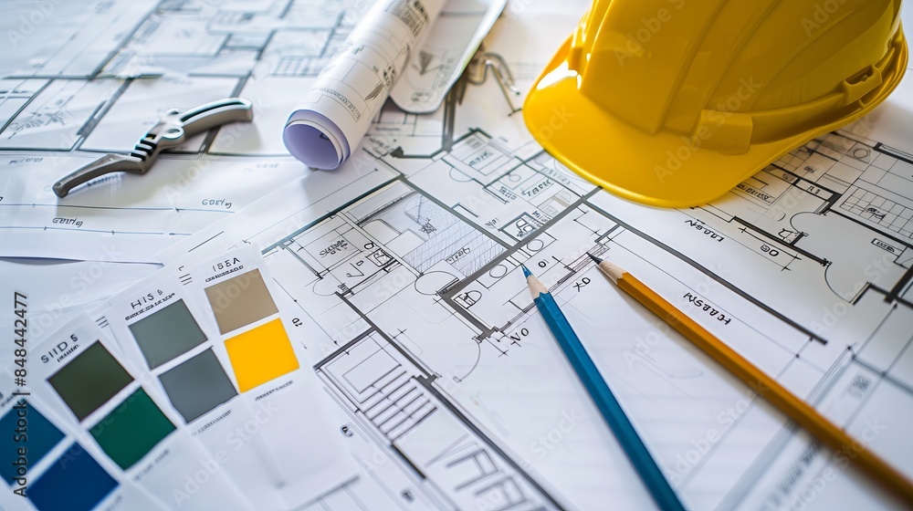 Poster architectural blueprints with construction helmet and tools. image of design plans with color swatch