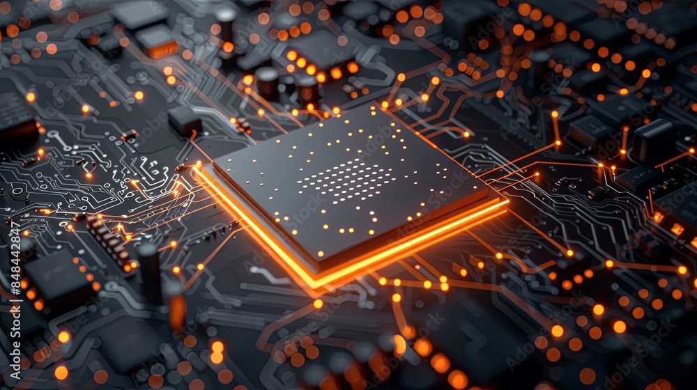 Fototapete Close-up photo of a microprocessor on a motherboard with digital data streams, glowing lights - representing AI processing power. Generative AI