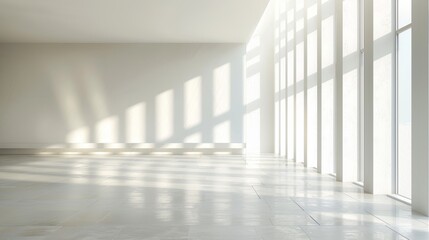 Fototapeta premium Large empty room, white interior with natural light, shadow play on walls, minimalist design for commercial settings