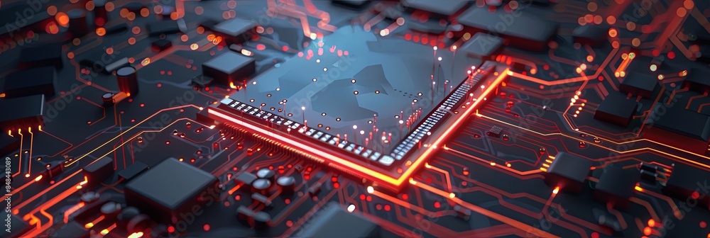 Fototapete A close-up image of an ultra-modern microprocessor or chip on a motherboard, surrounded by intricate digital data streams and glowing light effects. Generative AI
