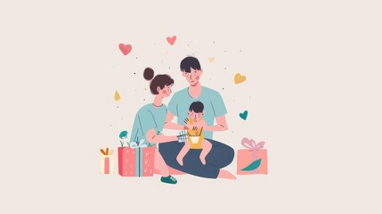 Happy family celebrating with gifts and confetti.