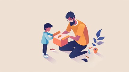Obraz premium Father and son building a cardboard box together.