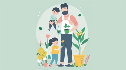 Fototapeta premium Father gardening with his two children, planting flowers and plants.
