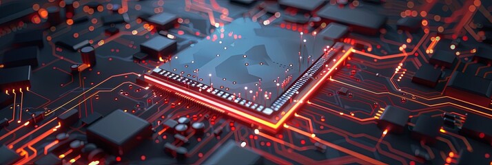 A close-up image of an ultra-modern microprocessor or chip on a motherboard, surrounded by intricate digital data streams and glowing light effects. Generative AI