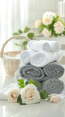 pristine white and grey towels placed alongside a sophisticated wicker basket holding flowers, on a gentle light background.