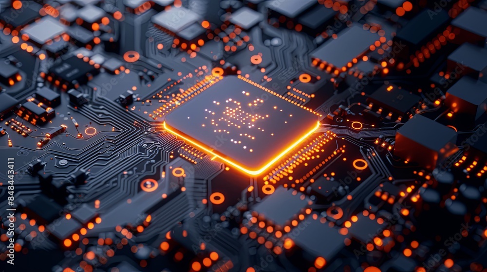 Fototapete Close-up of a modern microprocessor on a motherboard, surrounded by digital data streams and glowing lights symbolizing AIs power. Generative AI