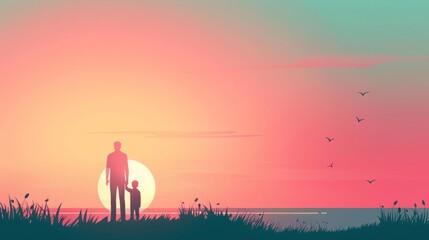 Fototapeta premium Silhouette of father and son watching the sunset by the sea.
