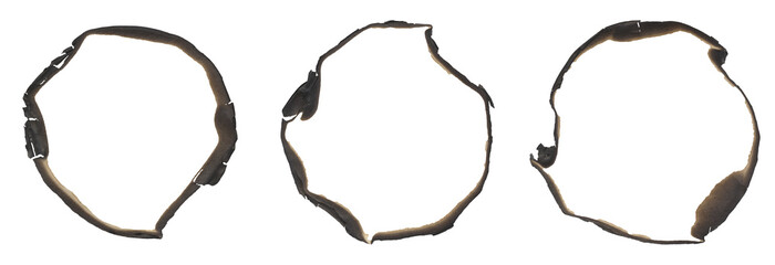 Set of isolated burnt edges of paper circles, round frame png burnt shapes in vintage old style for posters, greeting cards, banners in Y2K, for photo effects and artworks