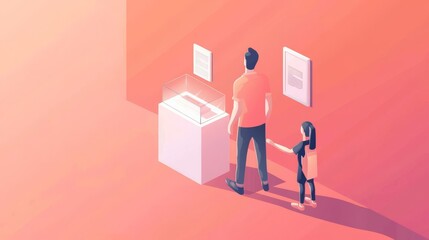 A father and daughter visit a museum and look at an exhibit.