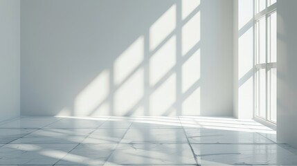 Obraz premium Empty white room with natural light, shadows casting geometric shapes, ideal for commercial use, minimalist style
