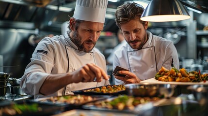 Two Famous Chefs Discuss Their Video Blog while_Using Tablet 