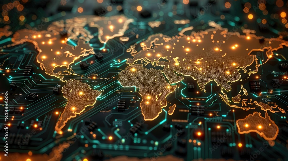 Poster world map digital tech circuit board background