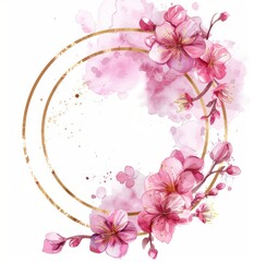 Fototapeta premium Watercolor gold circle frame with cherry blossoms 