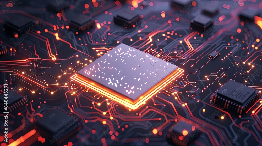 Poster A close-up of a modern microprocessor chip on a motherboard, surrounded by intricate digital data streams and glowing light effects. Generative AI