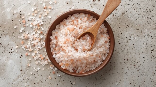 Himalayan salt in a dish and scoop on a neutral surface top view