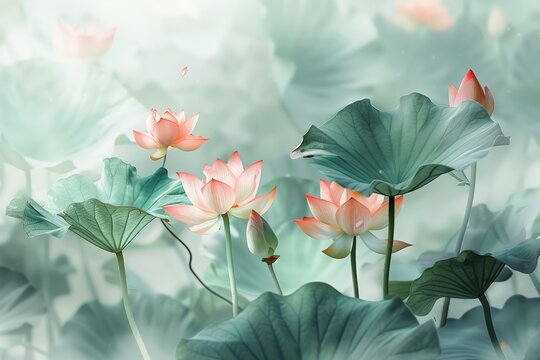 Blooming Lotus Flowers in Tranquil Pond. Serene and Beautiful Nature Scene.