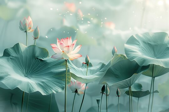 Serene Lotus Flower Blooming in Tranquil Pond. Peaceful Nature Scene.