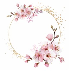Obraz premium Watercolor gold circle frame with cherry blossoms 