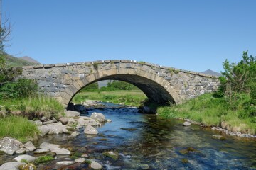 A photograph of the historic stone bridge in Scotland, with its arched shape and clear blue sky above, surrounded by green meadows and mountains