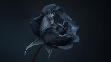 Close-up image of a black rose on the dark background