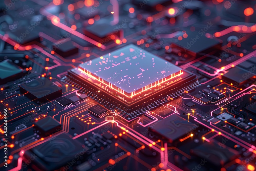 Poster a close-up view of a modern microprocessor on a motherboard, surrounded by intricate digital data st