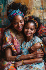 An African mother hugging her daughter, both with big smiles, in a stylishly decorated living room with pastel colors and artistic decor