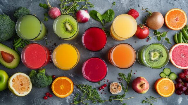 Top View: A top-down view of a variety of freshly made smoothies in different colored glasses, arranged on a rustic wooden table