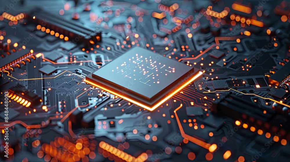 Poster close-up of a modern microchip on a motherboard surrounded by intricate digital data streams and glo