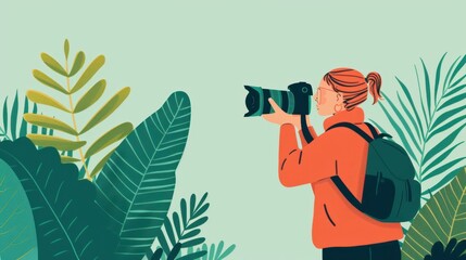a woman with a backpack is taking a photo in the jungle
