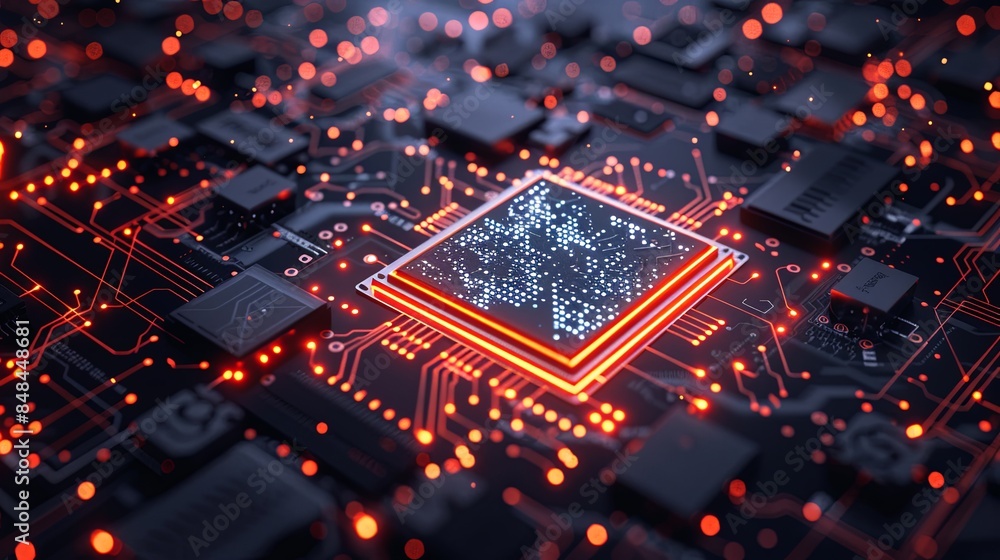 Aufkleber an ultra-modern microprocessor or chip on a motherboard, surrounded by intricate digital data stream