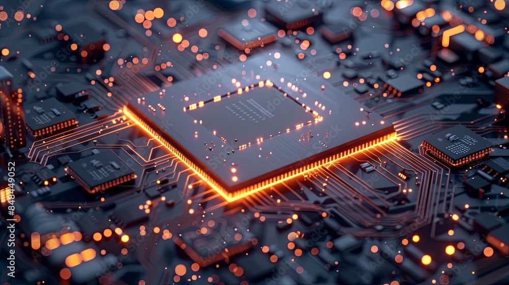 Poster close-up image of a modern microprocessor on a motherboard, surrounded by digital data streams and g