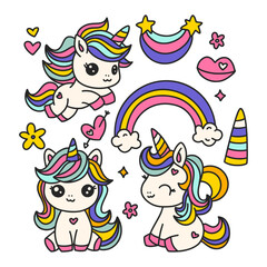 Set Of Cute Cartoon Unicorns Isolated On A White Unicorn Animal And Rainbow. Kids Birthday And Baby Shower Vector