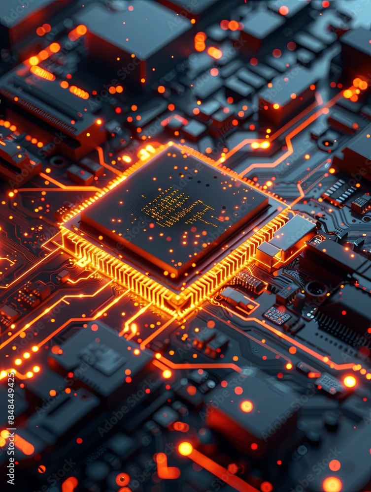 Leinwandbilder a close-up shot of a modern microprocessor or chip, illuminated by glowing data streams, set against