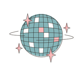 90s retro elements. Groovy disco ball. Nostalgia of 70s. Retro party 80s. Blue disco ball on white isolated background. Flat vector illustration in modern style.
