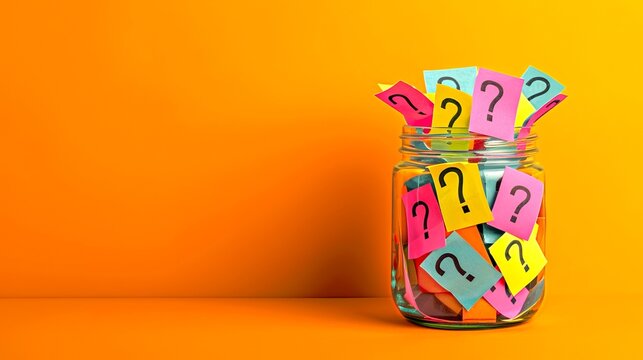 Bright yellow background with a glass jar full of colorful sticky notes featuring question marks. Conceptual image symbolizing curiosity, questions, and ideas.