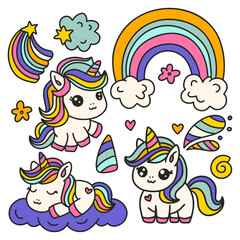Obraz premium Set Of Cute Cartoon Unicorns Isolated On A White Unicorn Animal And Rainbow. Kids Birthday And Baby Shower Vector