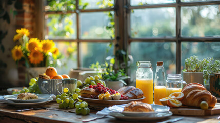 An inviting breakfast table set with pastries, fresh juice, coffee, and a variety of fruits, in a cozy setting