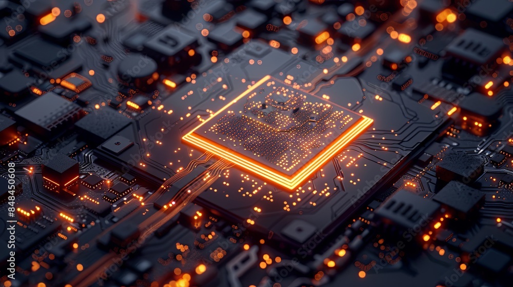 Poster close-up of a modern microchip on a motherboard, surrounded by digital data streams & glowing lights
