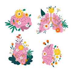 Cartoon human organs with flowers in flat style brain lungs heart health healthcare anatomical symbols