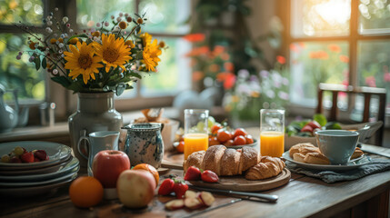 Fototapeta premium An inviting breakfast table set with pastries, fresh juice, coffee, and a variety of fruits, in a cozy setting