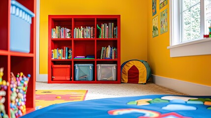 Profile Angle: A close-up shot of a reading nook in a playroom, with a comfortable chair, a bookshelf filled with children's books, and a small side table