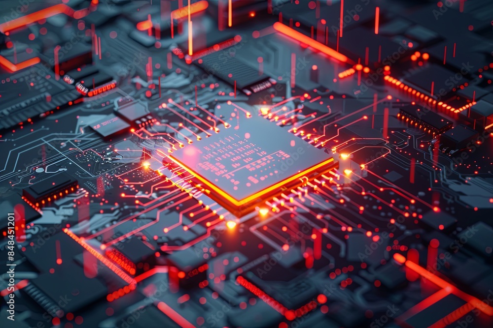 Poster close-up of a modern microprocessor, glowing with light effects, amidst intricate digital data strea